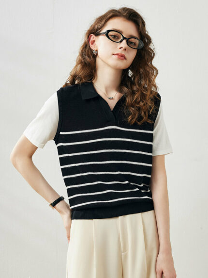 Women's Striped Knit Polo T-Shirt