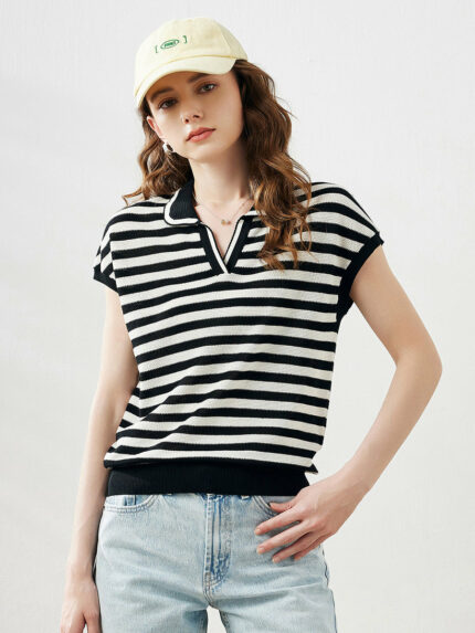Women's Striped Polo Knit T-Shirt