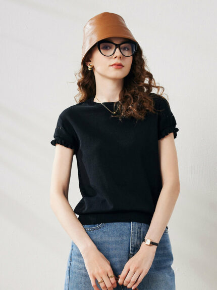 Women's Elegant Ruffled Sleeve Knit T-Shirt