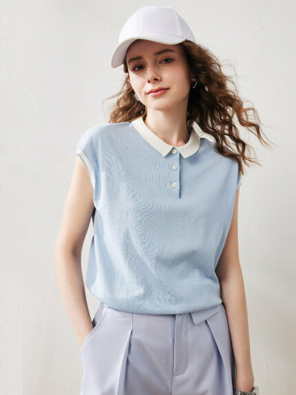 Women's Ribbed Polo Neck Knit T-Shirt