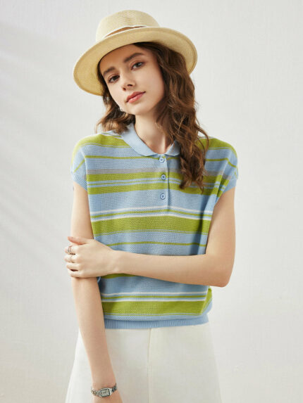 Women's Striped Knit Polo T-Shirt