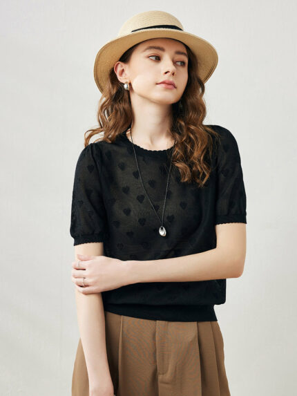 Women's Puff-Sleeve Heart Pattern T-Shirt