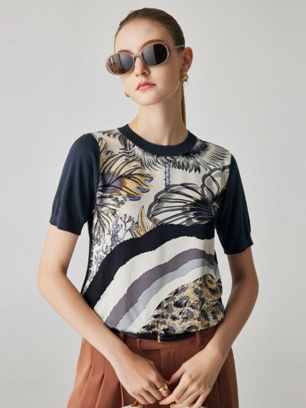 Women's Floral Ribbed Print Knit T-Shirt