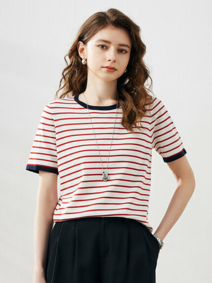 Women's Striped Ribbed Contrast Trim T-Shirt