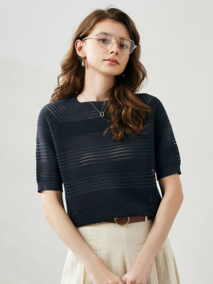 Women's Ribbed Perforated Knit T-Shirt
