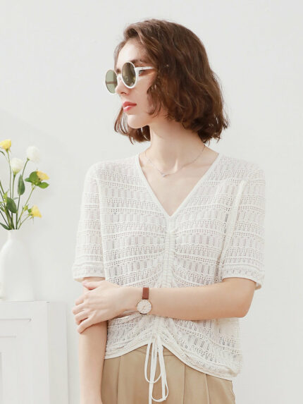 Women's V-Neck Ruched Knit T-Shirt