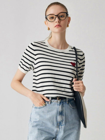 Women's Striped Heart Embroidered T-shirt