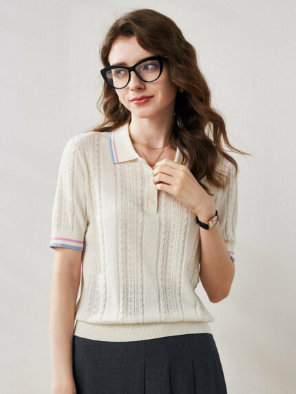 Women's Cable Color Trimmed Knit Polo T-Shirt