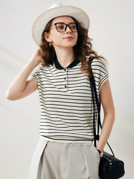 Women's Striped Knit Polo Shirt